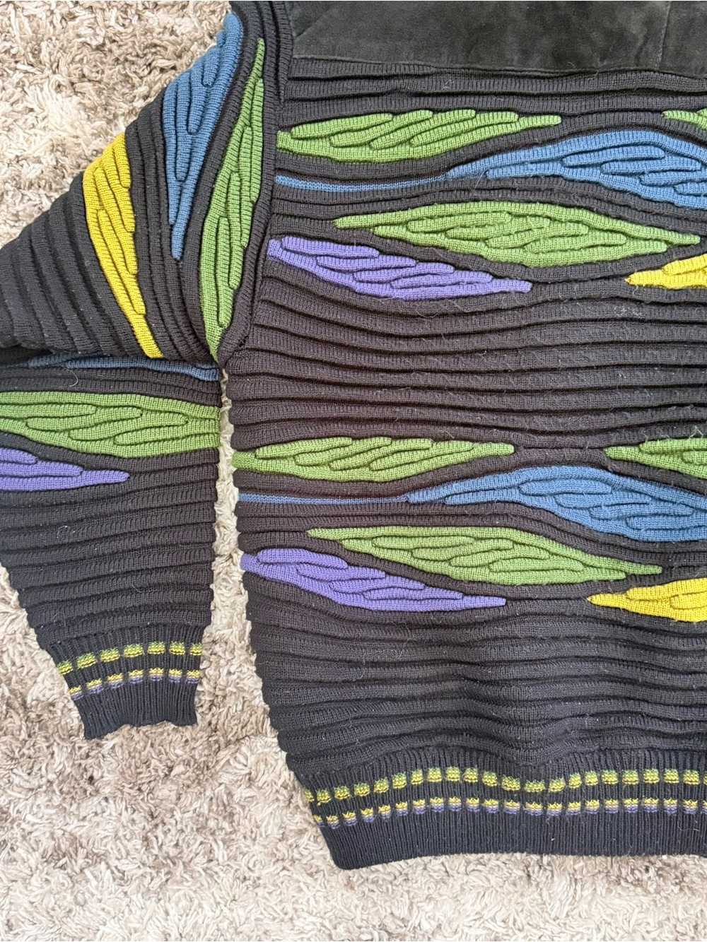 Vintage 80s Saxony Leather Suede Trim Crew Neck Coogi Style Sweater Sz L
